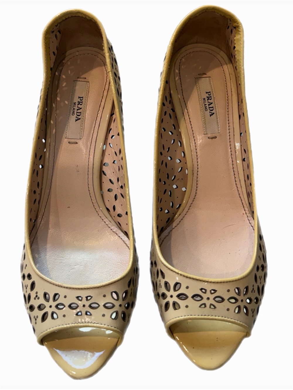 Prada Yellow Patent Leather Perforated Peep-Toe Heels